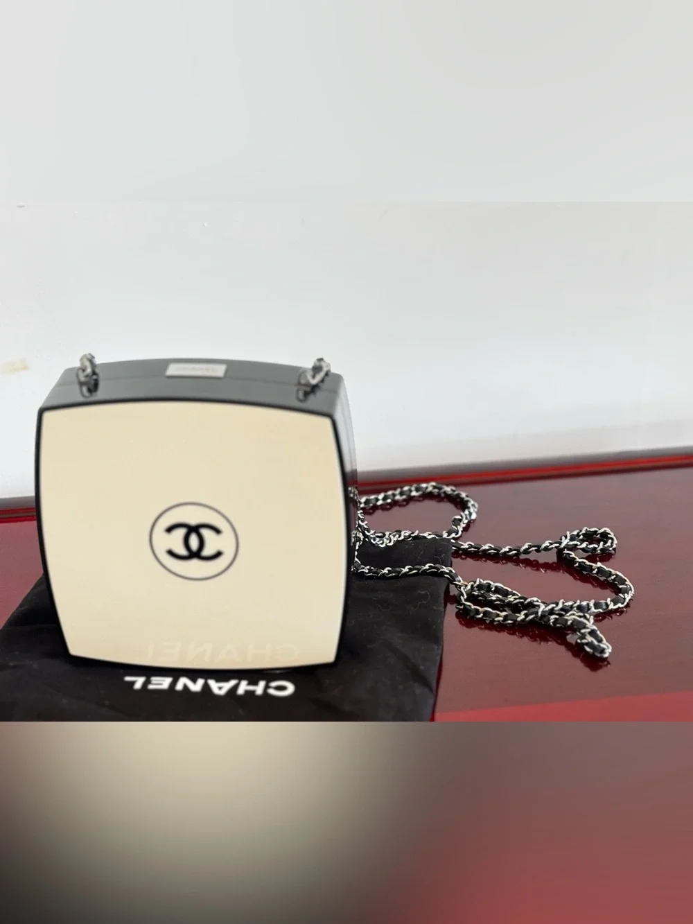 CHANEL Rare White & Black Plexiglass CC Clutch Crossbody Authenticity card